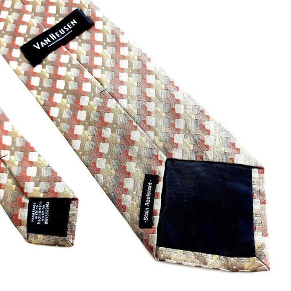 Van Heusen Brown Tan Red Woven Geometric Stain Resistant Silk Tie - Picture 6 of 7